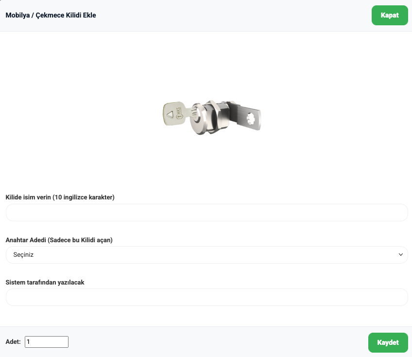 Mobilya çekmece kilidi ekleme popup ekranı